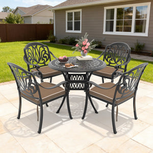 English Elm 5-piece Cast Aluminum Outdoor Dining Set with Floral Carved Chairs and Weather Resistant Cushions W1710S00544