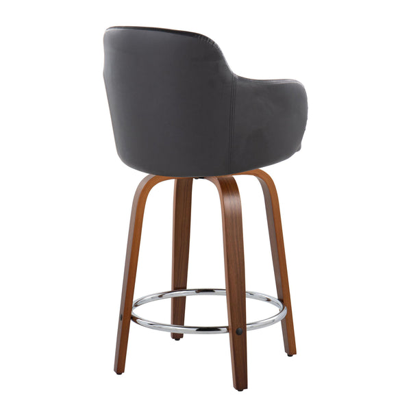 English Elm 24" Swivel Counterstools Walnut Base Faux Leather Bucket Seat Chrome Footrest Pair B202S00009