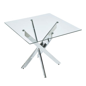 English Elm Dining Table Square Tempered Glass Top Cross Metal Base Modern Space Saving Design W234P235266