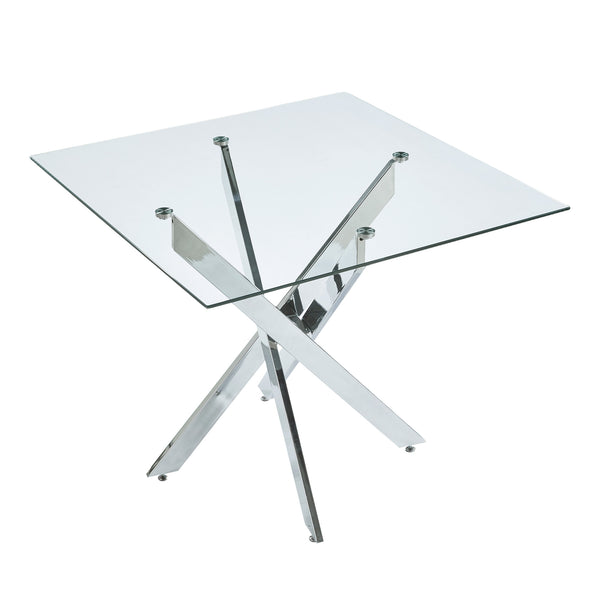 English Elm Dining Table Square Tempered Glass Top Cross Metal Base Modern Space Saving Design W234P235266