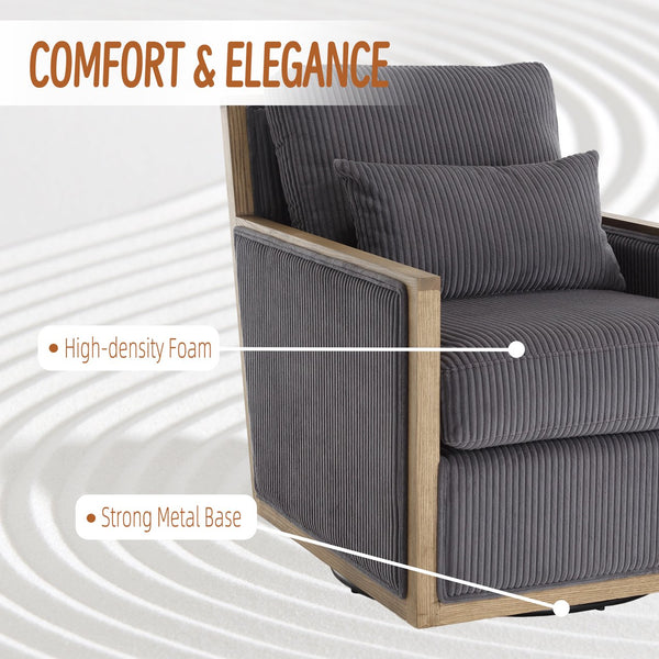 English Elm Corduroy Swivel Barrel Chair with Plush Foam Cushion, 360° Metal Base, Durable Hardwood Frame, Cozy Sitting Experience Dark Gray W395P209395