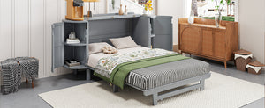 English Elm Full Murphy Bed with Woven Rattan Cabinet Front and Built-in Side Storage Units Gray LP000599AAE