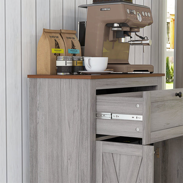 English Elm HOMCOM Rustic Farmhouse Sideboard Buffet Cabinet with Barn Doors, Drawer & Adjustable Shelves for Entryway Light Gray W2225P229126