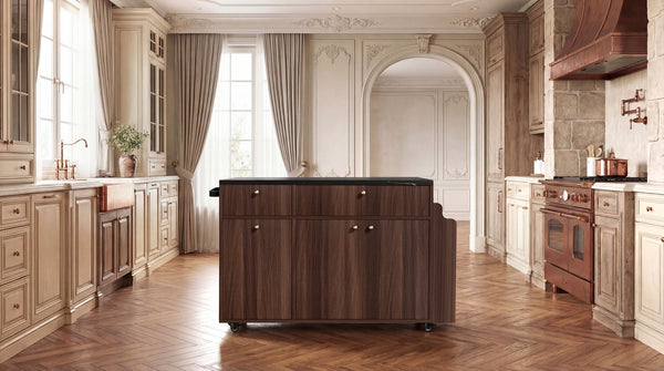 English Elm Kitchen Rolling Cart with Black Marble Top Drop Leaf Drawers and Spice Rack Storage Walnut B2764S00007