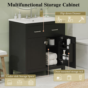 English Elm 30" Modern Bathroom Vanity with Ceramic Sink and Soft-Close Doors, Solid Wood MDF Build, Sleek Handles Black N729P263155B