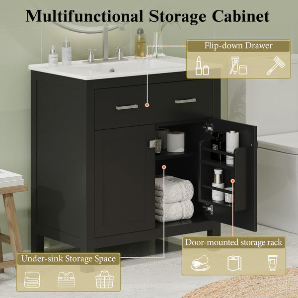 English Elm 30" Modern Bathroom Vanity with Ceramic Sink and Soft-Close Doors, Solid Wood MDF Build, Sleek Handles Black N729P263155B