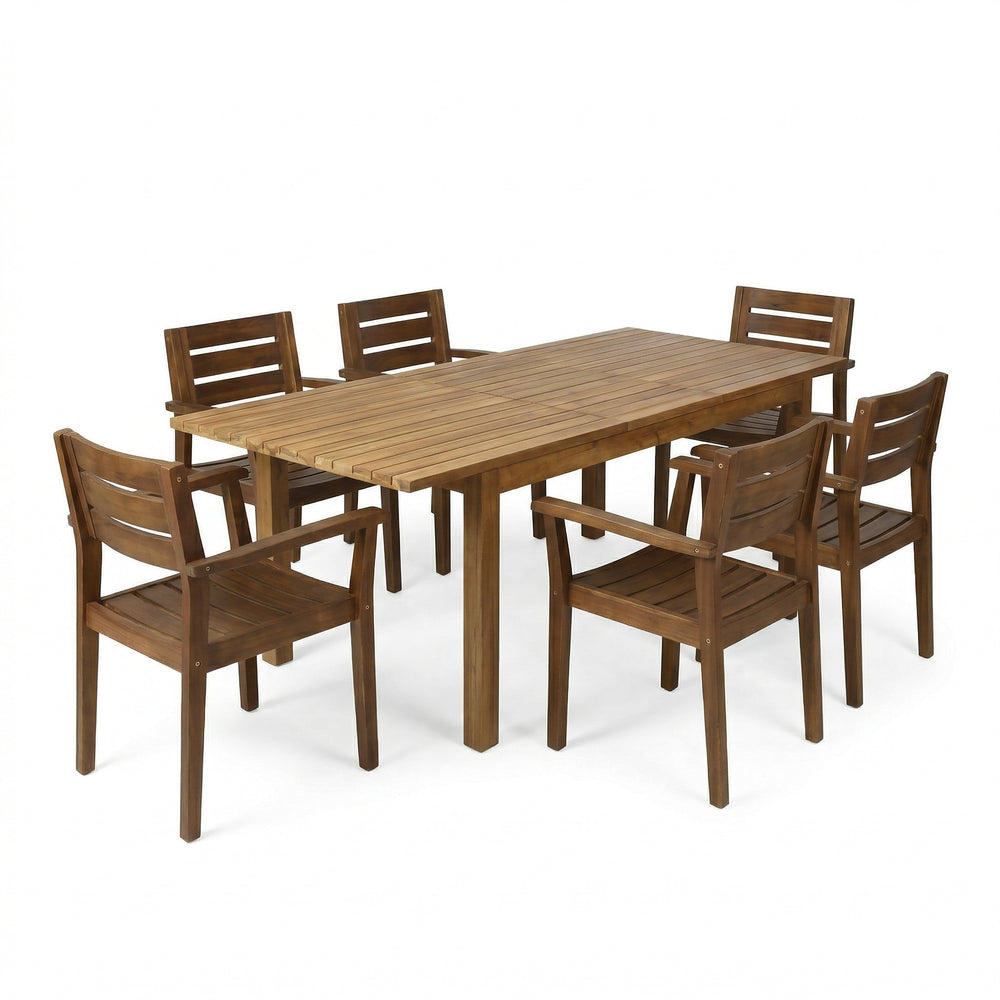 English Elm 7 Piece Solid Acacia Hardwood Expandable Outdoor Dining Set with Six Slatted Chairs Dark Brown,Teak N762S000033AAD