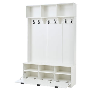 English Elm 49.6 Inch Farmhouse Hall Tree with Bench Shoe Cabinet Hooks and Open Shelving W3871S00001