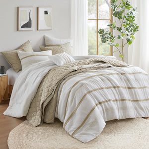 JLA Home Madison Park - 7 Piece Stripe Comforter and Quilt Set Coastal-Boho King Bedding with Plush Microfiber, Textured Coverlet, Wrinkle-Resistant Taupe MP10-8489