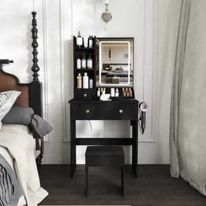 English Elm Modern Vanity Desk with Led Mirror 3 Drawers Built-in Outlet and Matching Chair Black W509P465833