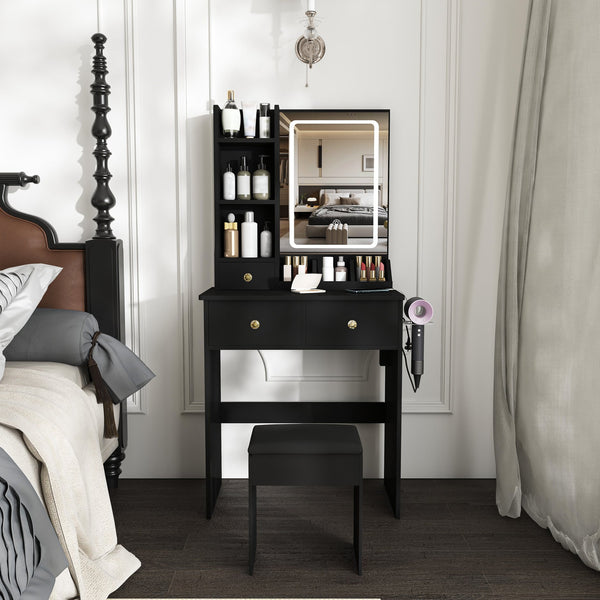 English Elm Modern Vanity Desk with Led Mirror 3 Drawers Built-in Outlet and Matching Chair Black W509P465833