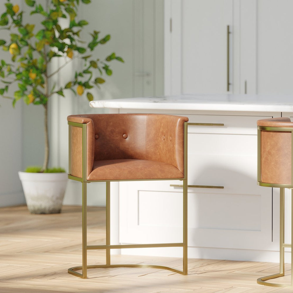 English Elm 26" Counter Stool Tufted Faux Leather Seat with Brass Metal Base for Kitchen Islands Brown Pu B2751P436482