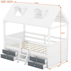 English Elm Twin House Bed Solid Wood Frame with Skylights Ladder Storage Drawers Kids Room White LP000465AAK-1