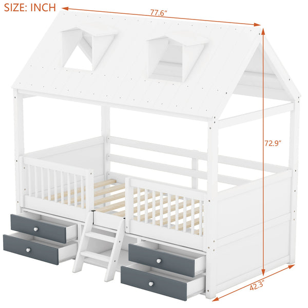 English Elm Twin House Bed Solid Wood Frame with Skylights Ladder Storage Drawers Kids Room White LP000465AAK-1
