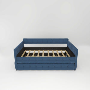 English Elm BLUE Velvet Upholstered Twin Daybed with Removable Trundle, Rubberwood Slats, Wheels, No Box Spring Required, Compact Chic Design W1867S00005