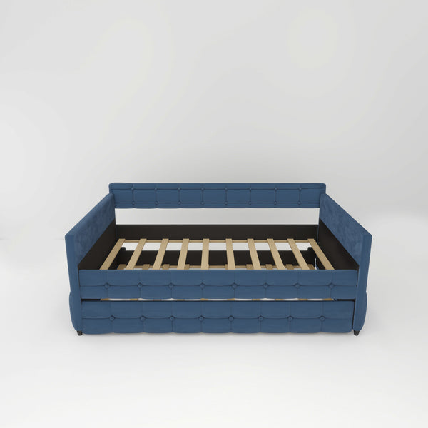 English Elm BLUE Velvet Upholstered Twin Daybed with Removable Trundle, Rubberwood Slats, Wheels, No Box Spring Required, Compact Chic Design W1867S00005