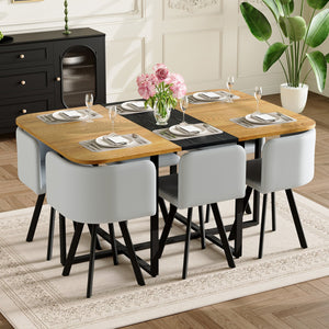 English Elm 7-piece Modern Dining Set Seats Six with Two-tone Wood Table and Gray Pu Chairs W3875S00126