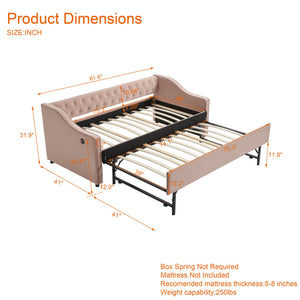 English Elm Twin Velvet Daybed with Pull Out Trundle Tufted Back Usb Port and Side Pockets Pink W1361S00037