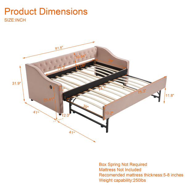 English Elm Twin Velvet Daybed with Pull Out Trundle Tufted Back Usb Port and Side Pockets Pink W1361S00037