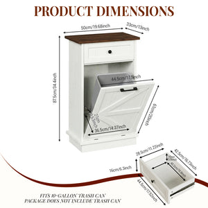 English Elm Tilt Out Trash Cabinet with Storage Drawer Conceals 10 Gallon Bin Pet Proof Brown+White T5831P489249