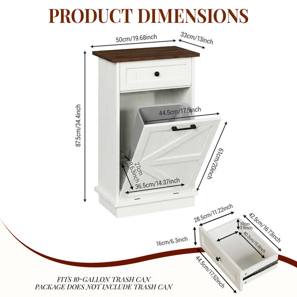 English Elm Tilt Out Trash Cabinet with Storage Drawer Conceals 10 Gallon Bin Pet Proof Brown+White T5831P489249