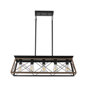 English Elm 32" Walnut Industrial 5-Light Pendant Chandelier - Modern Metal Cage, Adjustable For Versatile Spaces W2312P368670