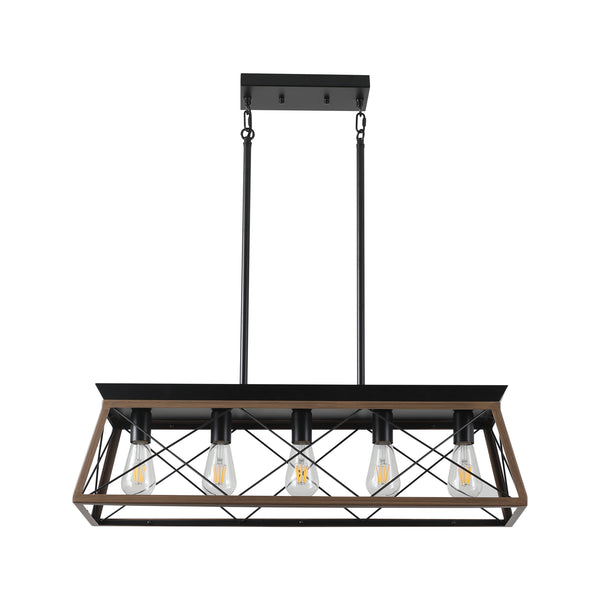 English Elm 32" Walnut Industrial 5-Light Pendant Chandelier - Modern Metal Cage, Adjustable For Versatile Spaces W2312P368670