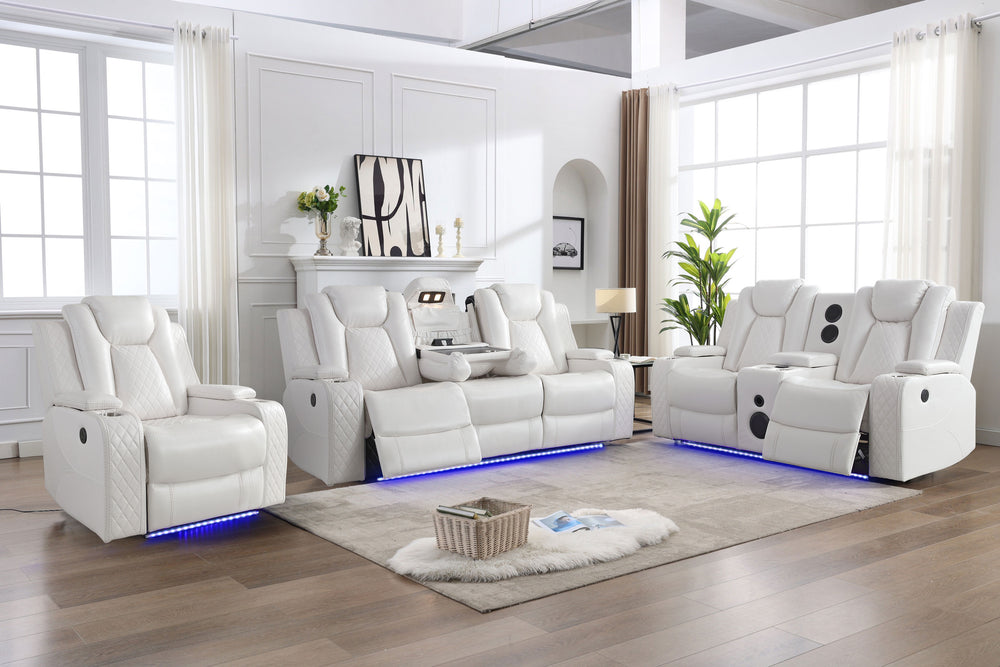 English Elm M070 Power Reclining Sofa with Led Lighting Usb Charging and Faux Leather Seating White W1805S00152