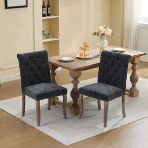 English Elm Upholstered Chenille Tufted Dining Chairs Set of 2 with Curved Wood Legs Club Style Black W1143P457781