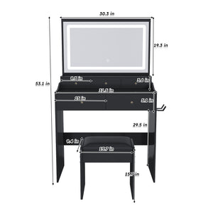 English Elm New Large Mirror Vanity Desk with 5 Drawers, Built-In Outlet & Hairdryer Holder, 3-Mode LED Lighting Black W509P339033