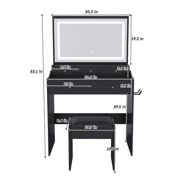 English Elm New Large Mirror Vanity Desk with 5 Drawers, Built-In Outlet & Hairdryer Holder, 3-Mode LED Lighting Black W509P339033