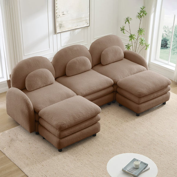 English Elm Teddy Fleece Modular Cloud Sofa Plush Three Seat Sectional with Movable Ottomans Camel W5656S00106