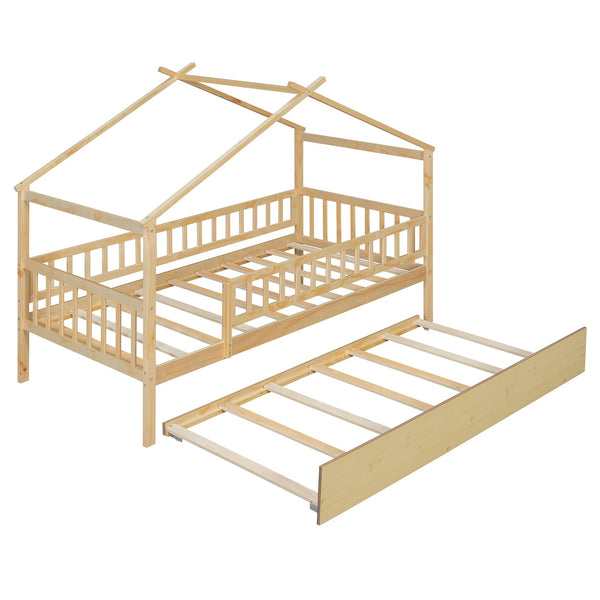 English Elm Twin House Bed with Trundle Solid Pine Frame Walnut Kids Bedroom Sleepover N708P357115N