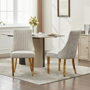 English Elm Rayon High Back Dining Chair Set with Plush Flocking Upholstery, Golden Stainless Legs, Comfort-Focused Design Beige W1143P293313