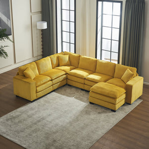 English Elm Modern U Shaped 6-Seat Sectional Sofa with Ottoman and 3 Toss Pillows, Corduroy Modular Comfort and Durable Frame Yellow W2363S00040