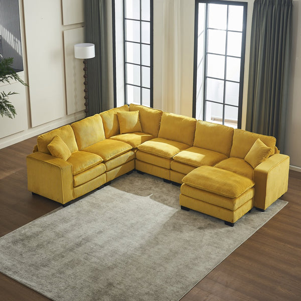 English Elm Modern U Shaped 6-Seat Sectional Sofa with Ottoman and 3 Toss Pillows, Corduroy Modular Comfort and Durable Frame Yellow W2363S00040
