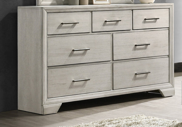 English Elm 1pc Five-Drawer Chest in White Mist Finish with Metal Knobs & Handles, Spacious Bedroom Storage Solution Antique White 62.5 L x 20.5 W x 41 H B011P228954