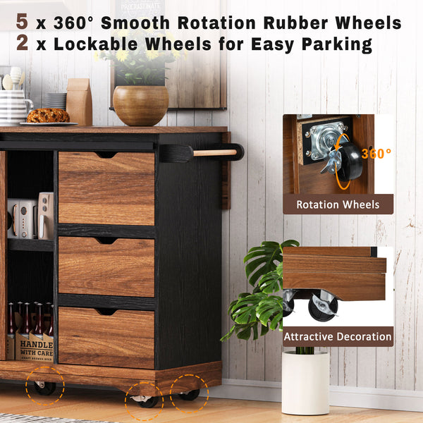 English Elm K&K 55.5" Farmhouse Kitchen Island with Sliding Barn Door, Drop Leaf, Charging Station, Wheels Black N707P288229B