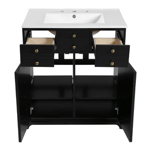 English Elm 30'' Solid Wood Frame Bathroom Vanity with Ceramic Sink, Retro Black Freestanding 2-Drawer Cabinet N710P276724B