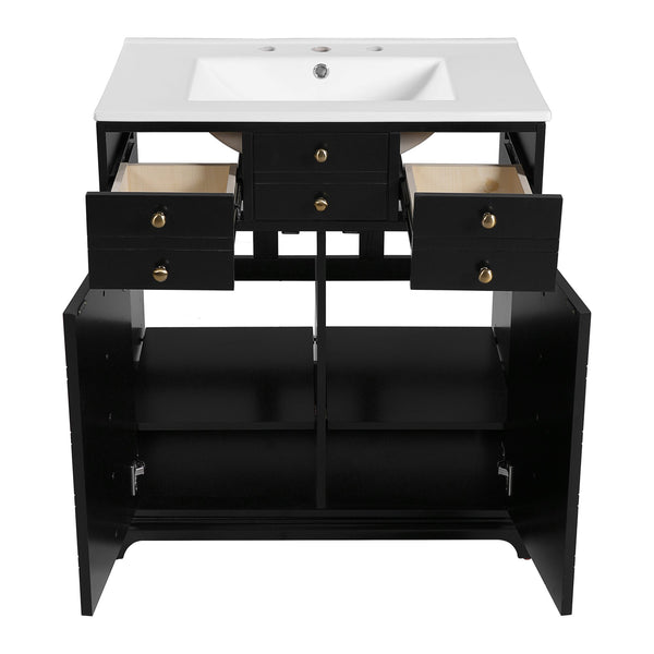 English Elm 30'' Solid Wood Frame Bathroom Vanity with Ceramic Sink, Retro Black Freestanding 2-Drawer Cabinet N710P276724B