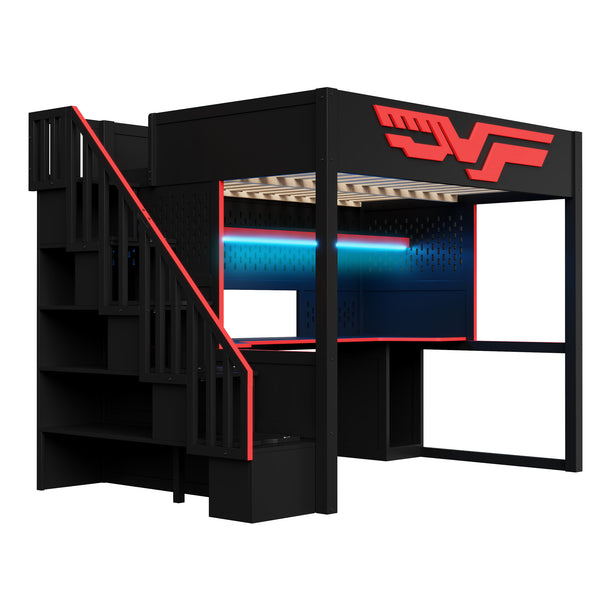 English Elm Gaming Full Loft Bed with Workstation Storage Staircase Led Lights and Usb Port N7090004031B