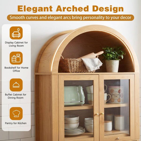 English Elm 71" Arched Glass Barn Door Pantry Cabinet Farmhouse Mdf Storage for Kitchen Dining Oak W2917S00015