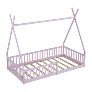 English Elm Twin House Bed with Roof and Fence for Kids – Sturdy Pine Frame, Vintage Wash Design, Safe Sleep Space Pink N709P183348H