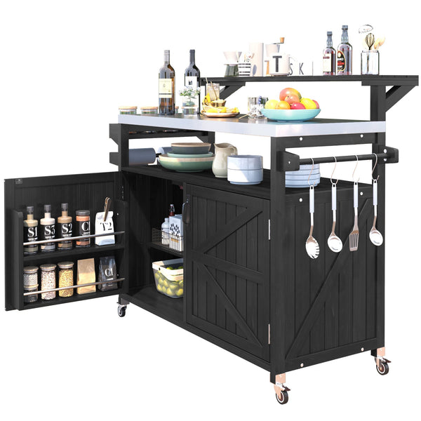English Elm K&K 53.3" Outdoor Kitchen Island with 1.2" Stainless Top, Spacious Storage, Raised Shelf, Wheels Black N707P250628B