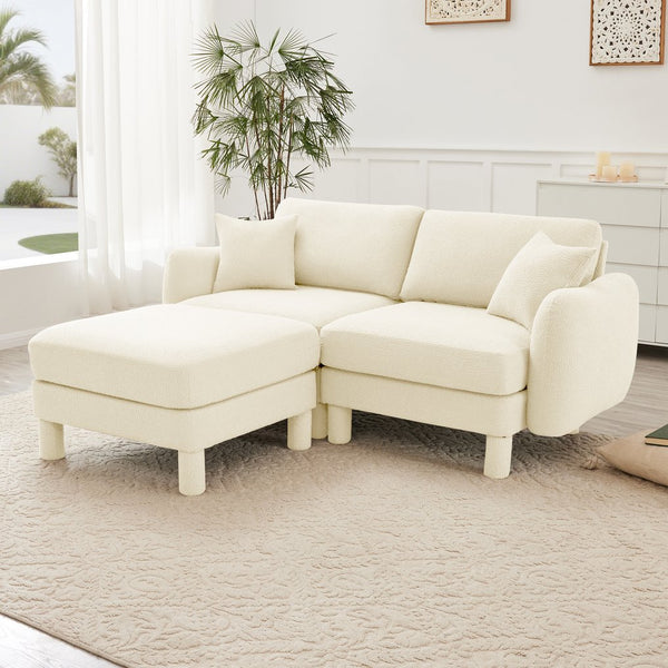 English Elm Boucle 2-Seater Loveseat Sofa With Stylish Shell Armrests & Removable Ottoman For Modern Living W3041S00275