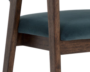 Sunpan Milton Dining Armchair - Chic Mid-Century Modern Design with Solid Rubberwood Frame & Brass Stretchers Smoke Acacia / Meg Dusty Teal