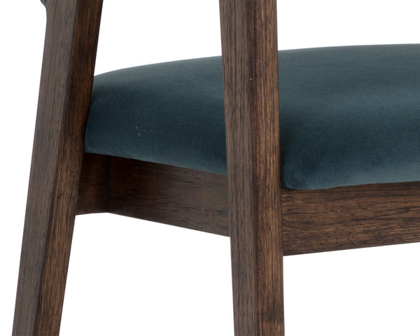 Sunpan Milton Dining Armchair - Chic Mid-Century Modern Design with Solid Rubberwood Frame & Brass Stretchers Smoke Acacia / Meg Dusty Teal