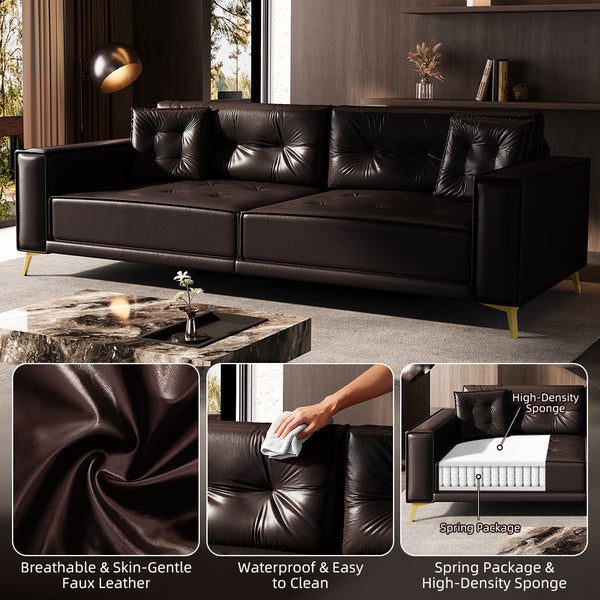 English Elm 92.1"King 3-in-1 Convertible Sleeper Sofa Bed with Tufted Faux Leather, Ultra-Wide Arms, 4-Seater Couch Dark Brown W1885S00210