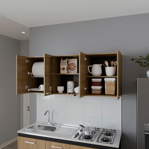 English Elm Lydia Modern Wall Cabinet in Natural Oak Finish with 4 Doors, Glass Display & Metal Handles — Sleek Storage Solution B128P287519