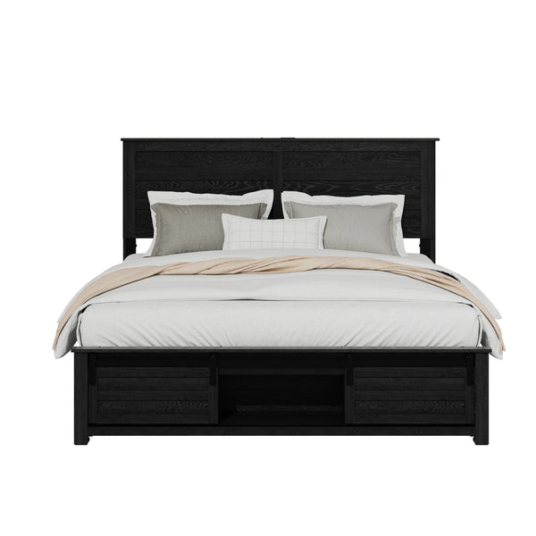 English Elm Full Farmhouse Platform Bed Upholstered Wood Frame with Led Lighting and Charging Ports W636P263895